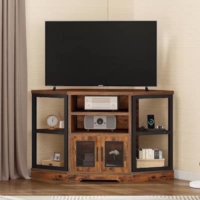 Corner TV Stand with Power Outlets & LED Lights TV Console Brown - 47 inches in width