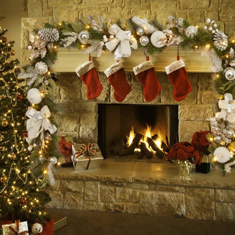 9 ft Pre-Lit Christmas Garland for Mantle Outdoor Fireplace Table Stair Railing Decoration, Silver