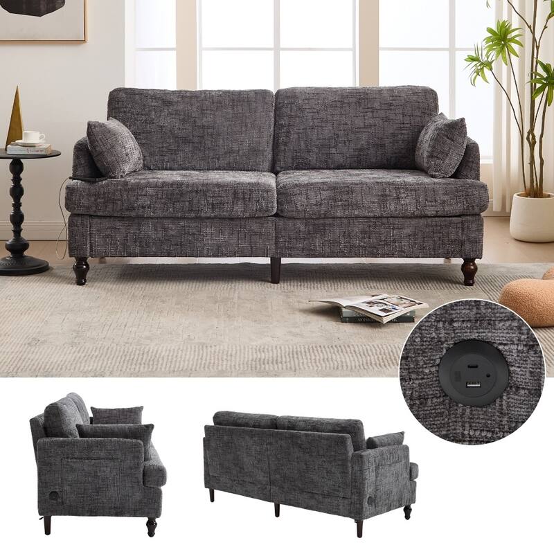 Modern Chenille 2-Seater Wood-Legged Sofa with LED light, USB Charging Port and Storage Bag