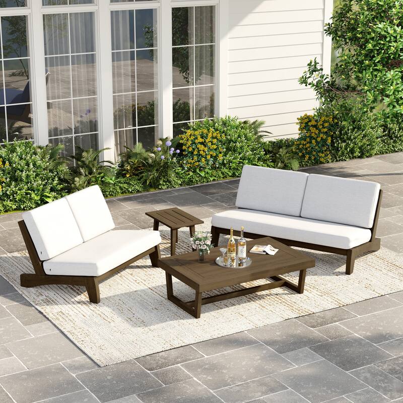 Casual Teak Outdoor Patio Conversation Set with Cushioned Sofa Loveaseat