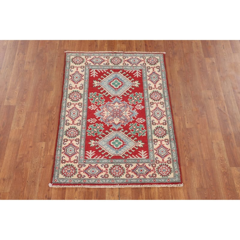 Geometric Red Kazak Accent Rug Hand-Knotted Bedroom Wool Carpet - 2'9" x 3'10"