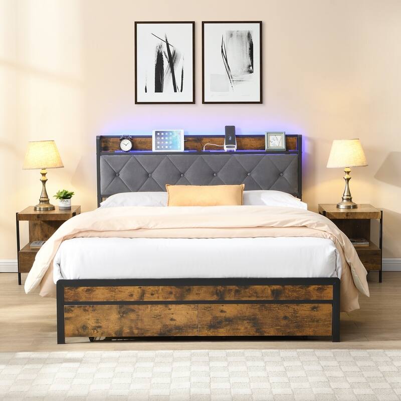 Bed Frame with LED Lights Upholstered Headboard and 2 Drawers - King