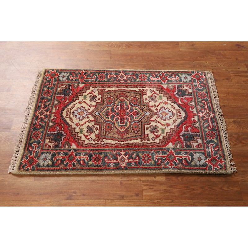 Hand Knotted Oriental 100% Wool Carpet Traditional Medallion Beige & Ivories Heriz (serapi) Area Rug - 3' 0'' X 2' 0''