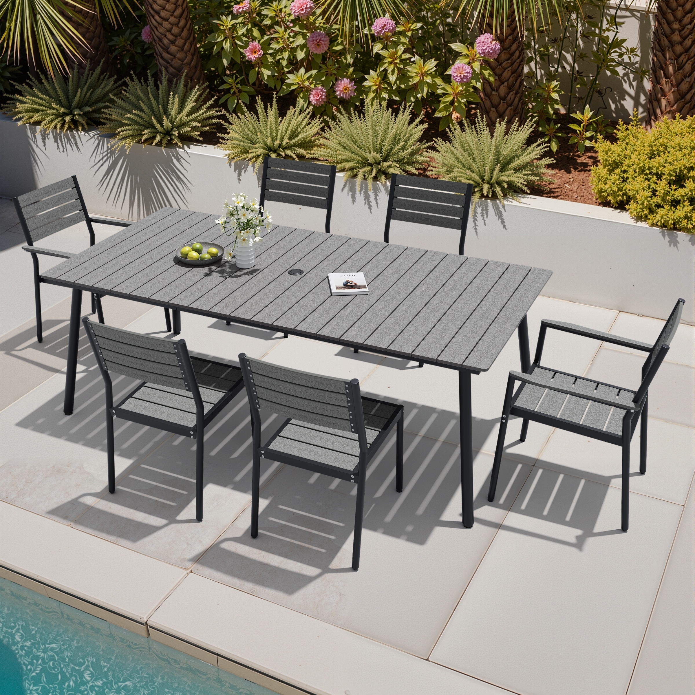 7-Piece Outdoor Patio Dining Set Wood-Like Table Top Aluminum Umbrella Hole Table with Stackable Dining Chairs