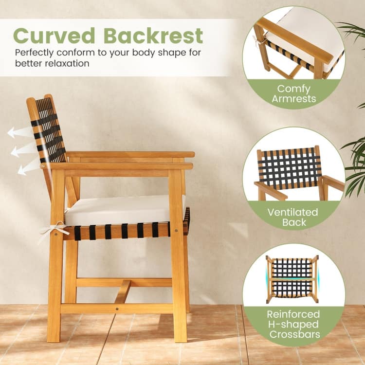 Natural-Off White Acacia Wood Outdoor Dining Chairs Set of 2 with Cushions - 23” x 22.5” x 34” (L x W x H)