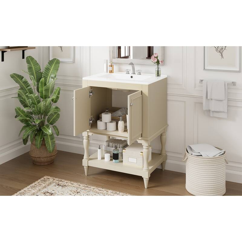 24 inch Modern Luxury Bathroom Vanity with Ceramic Sink, Bathroom Cabinet with Open Shelf and Closed Storage