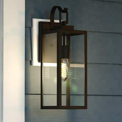 Clinton Steel 1 Light LED Compatible Matte Black Transitional Outdoor Wall Lantern Clear Glass - 6-in W x 17.75-in H x 7.75-in D