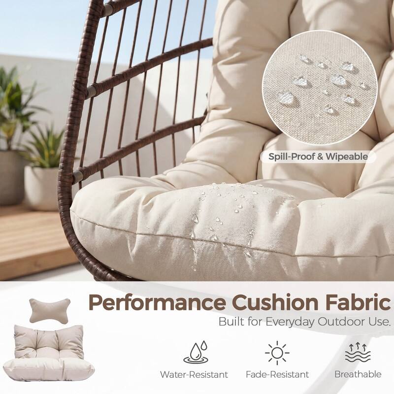Oversized Wicker Hanging Egg Chair with Stand, Outdoor Indoor Swing Chair with Cushion, 350 lb Capacity