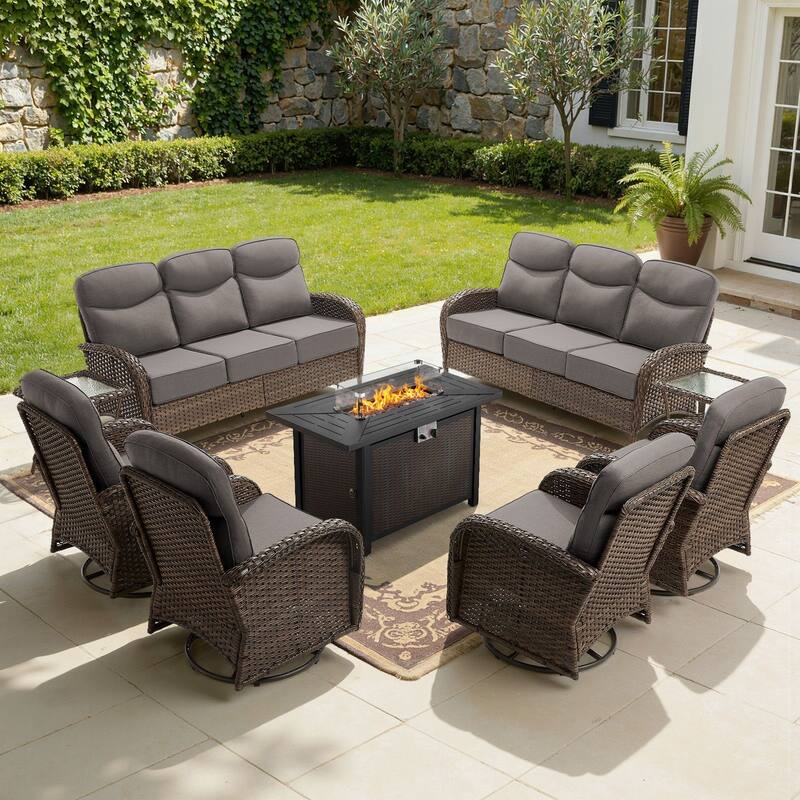 Meyreso 9-Piece Wicker Outdoor Patio Fire Pit Sofa Set with 6-Inch Thick Cushions - Brown Wicker - Gray Cushions