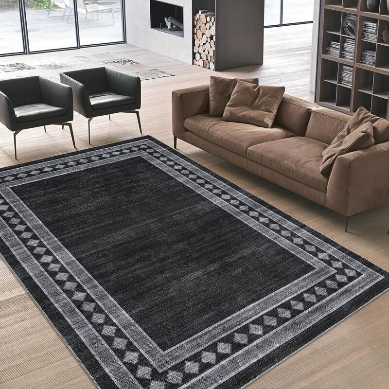 Modern Bordered Rug Non Slip Low Pile Area Rugs for Living Room, Machine Washable Area Rugs Soft Throw Rugs