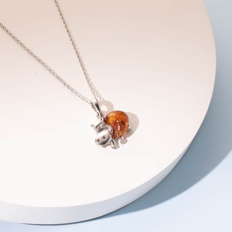 Amber Hippo Animal Pendant in Sterling Silver