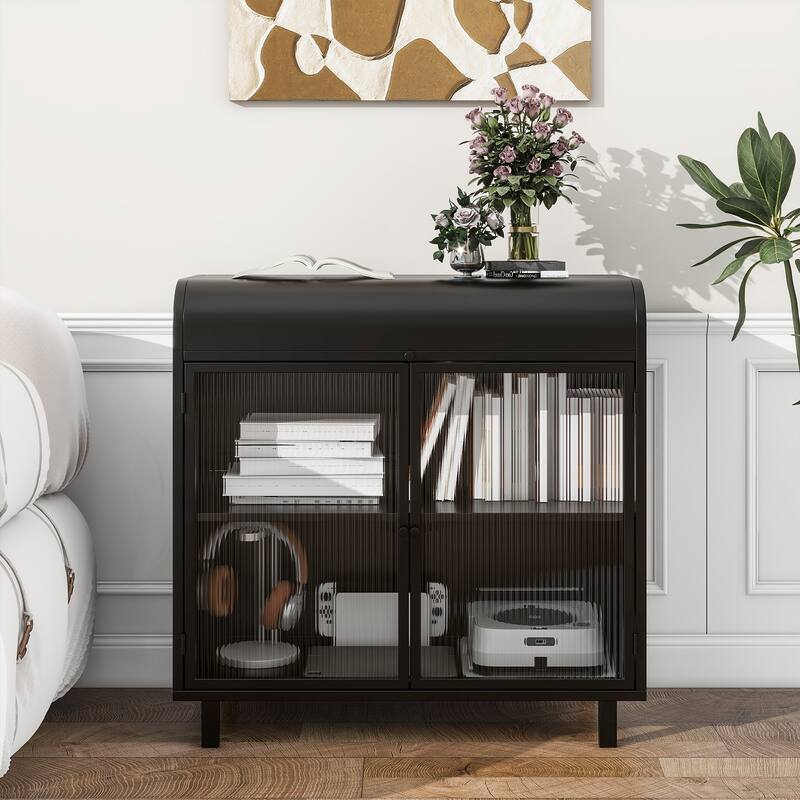 Anmytek Flip Top Modern Sideboard Buffet Storage Cabinet Tempered Figured Glass Doors Metal Frame Console Table - Antique Black