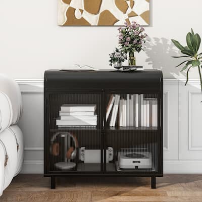 Kitchen Pantry with Tempered Figured Glass Doors, Buffet Cabinet with Flip Top and Shelves, Storage Cabinet with Metal Frame