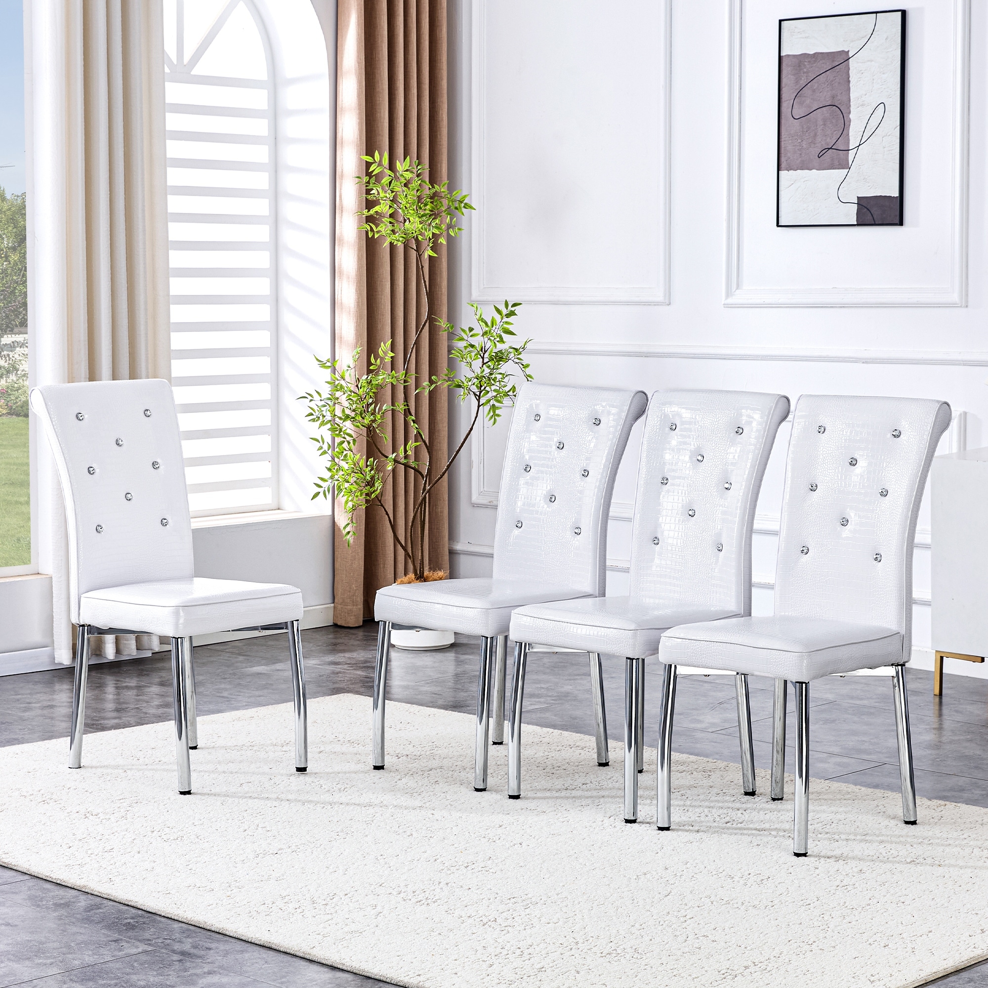 Set of 4, Retro alligator skin Upholstered dining chairs with Crystal buckle design and Faux Leather design