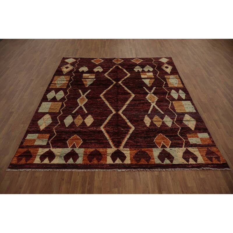Hand Knotted Oriental 100% Wool Carpet Modern Tribal Red Moroccan Area Rug - 9' 9'' X 8' 3''