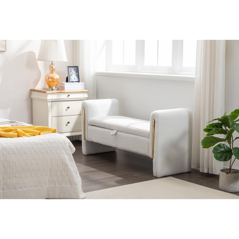 53" Storage Bench, Teddy Fabric Entryway Bench Upholstered Ottoman Bench with Gold Metal Trim Strip for Bedroom