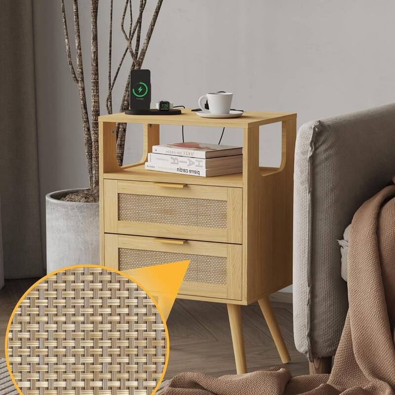 Rattan Nightstand with Chargers, Modern Nightstand with 2 Storage Drawers and Open Wooden Shelf