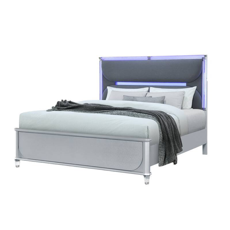 HomeRoots Silver and Gray Wood And Upholstery Lighted King Bed Frame