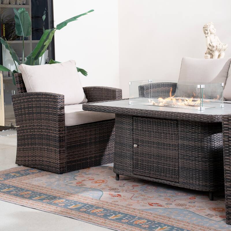5-Piece Outdoor Wicker Patio Sofa Set with Adjustable Fire Pit Table and Storage Box