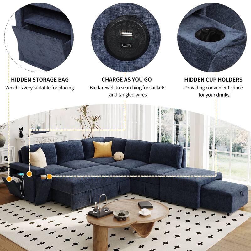 90.6'' Modern L-shaped Padded Modular Sofa with Storage Space, USB Ports, and Cup Holders on the Armrests