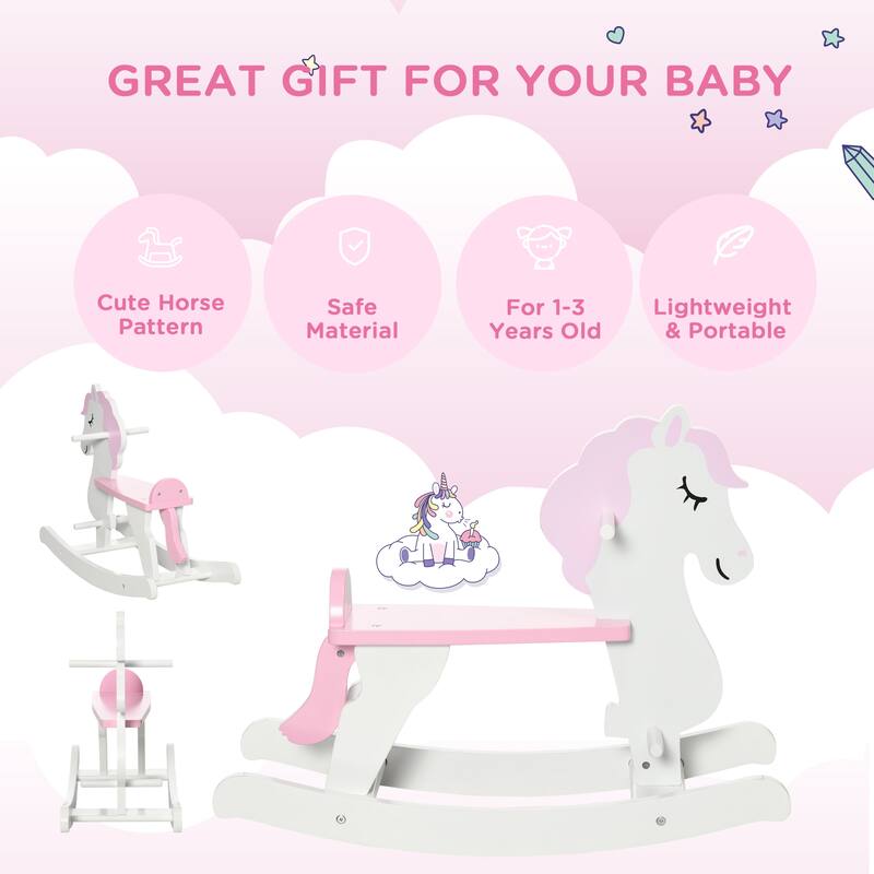 Qaba Wooden Rocking Horse, Baby Rocking Chair, for Toddlers 1-3, Kids Ride on Horse for Boys and Girls, Pink and White