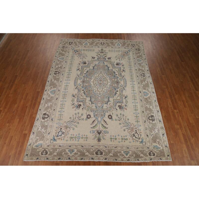 Floral Medallion Tabriz Persian Rug Hand-Knotted Beige Wool Carpet - 8'0"x 11'5"