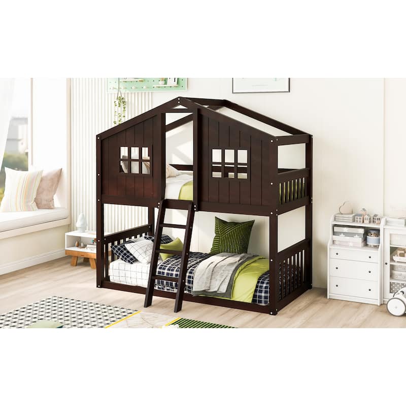 Full Size Loft Bed with Playhouse Design, Built-in Desk and Shelves