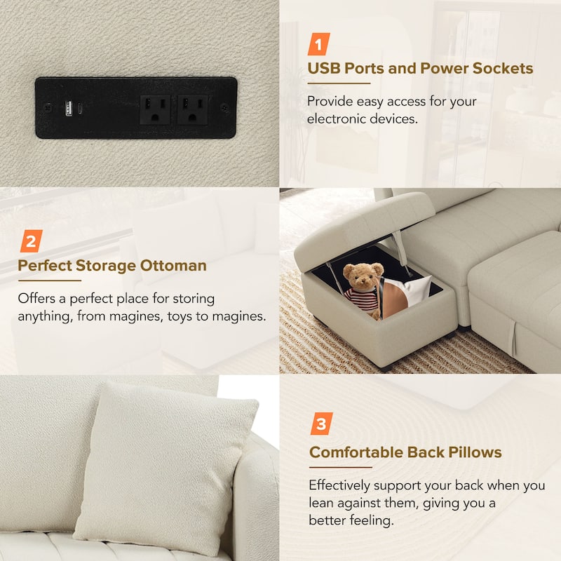 Beige 82.6" L-Shaped 5-Seater Sleeper Sofa with Pull-Out Bed, Storage Ottoman, USB Ports, and Power Outlets