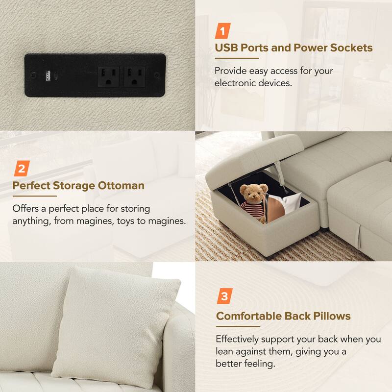 L-Shaped Sectional Sofa Bed with Movable Ottoman and USB Ports