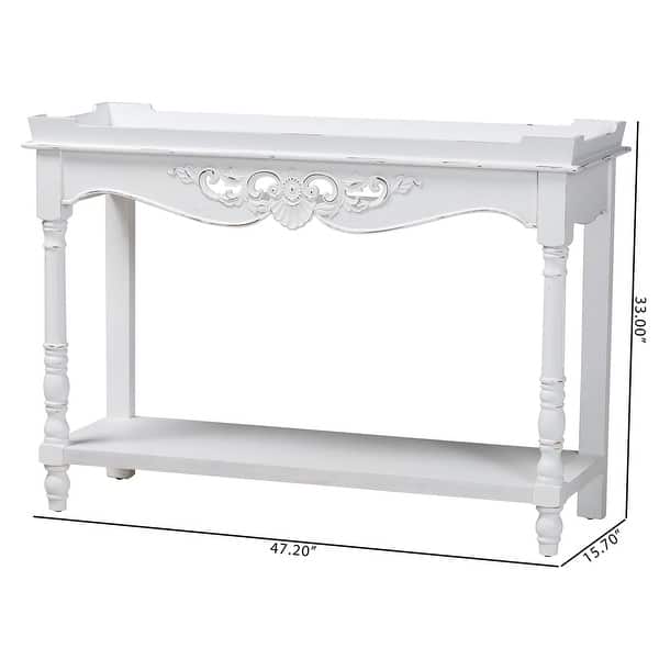 Rafferty Distressed Console Table - Vintage White Accent Table with Ornate Carved Apron and Shelf, Classic Entryway Table