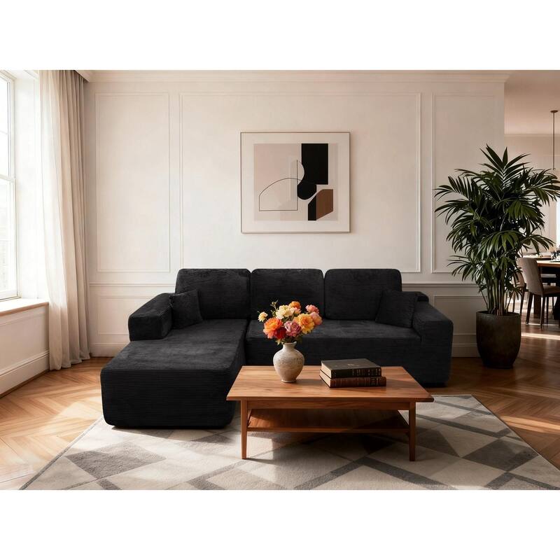 Oversized Corduroy Corner Sofa with Chaise, Boneless L-Shaped Sectional Couch, Modular Deep Seat Couches with Pillows - Black