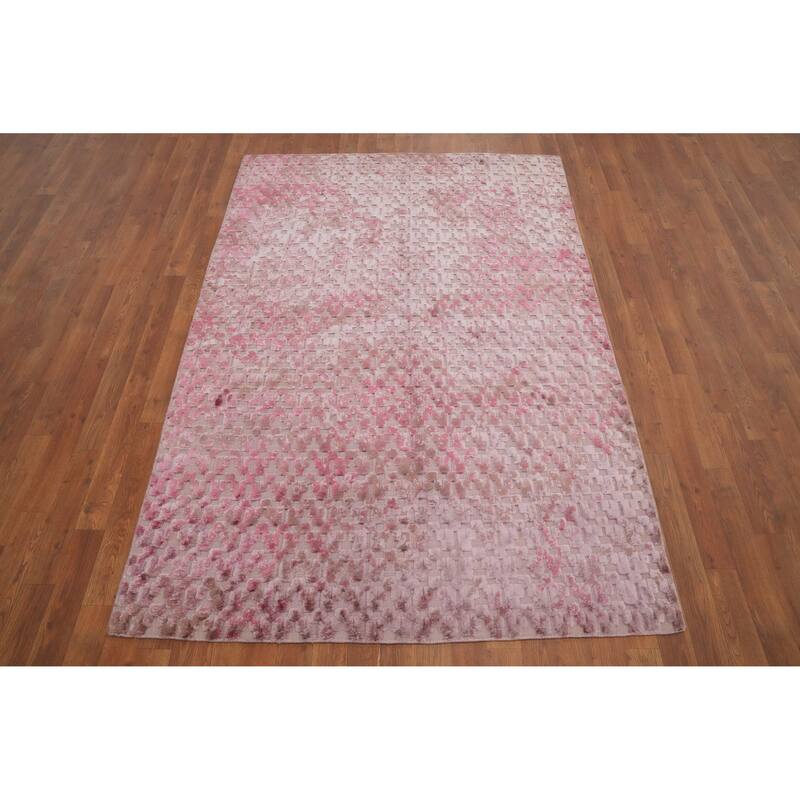 Hand Knotted Oriental Viscose Silk Carpet Modern Geometric Pink Abstract Area Rug - 6' 10'' X 4' 8''