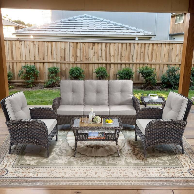 Gymojoy Outdoor Wicker Patio Furniture Sofa Set - Luxurious Comfort, Weather-Resistant - 5-Piece - Sofa & Club Chairs - Brown Wicker / Beige Cusion