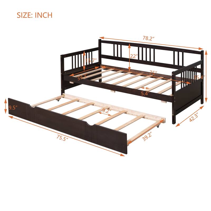Twin Size Wood Daybed with Trundle, Espresso Finish, Space-Saving Design