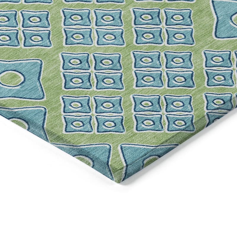 Artichoke Green And Aqua Geometric Washable Indoor Outdoor Area Rug - 3' x 5'