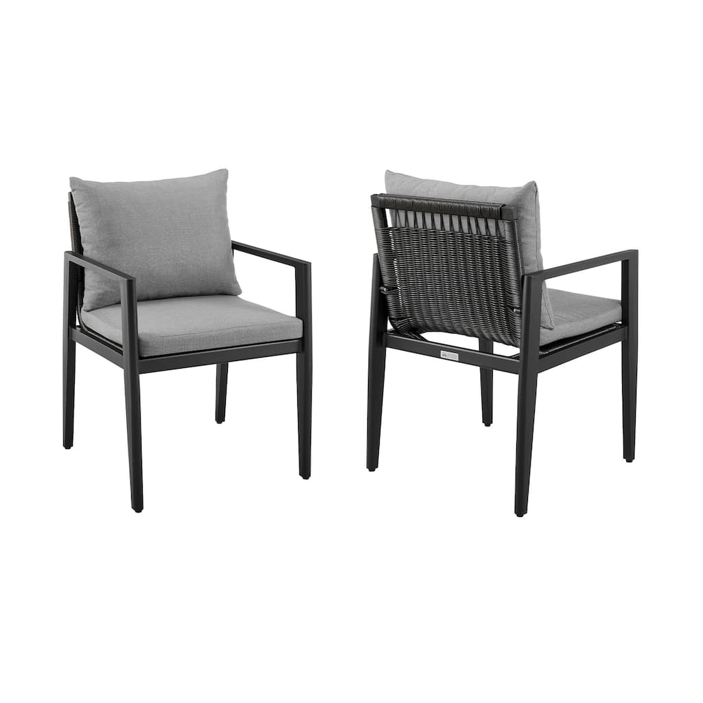 Cayman Outdoor Patio Dining Chairs with Arms in Aluminum with Grey Cushions - Set of 2