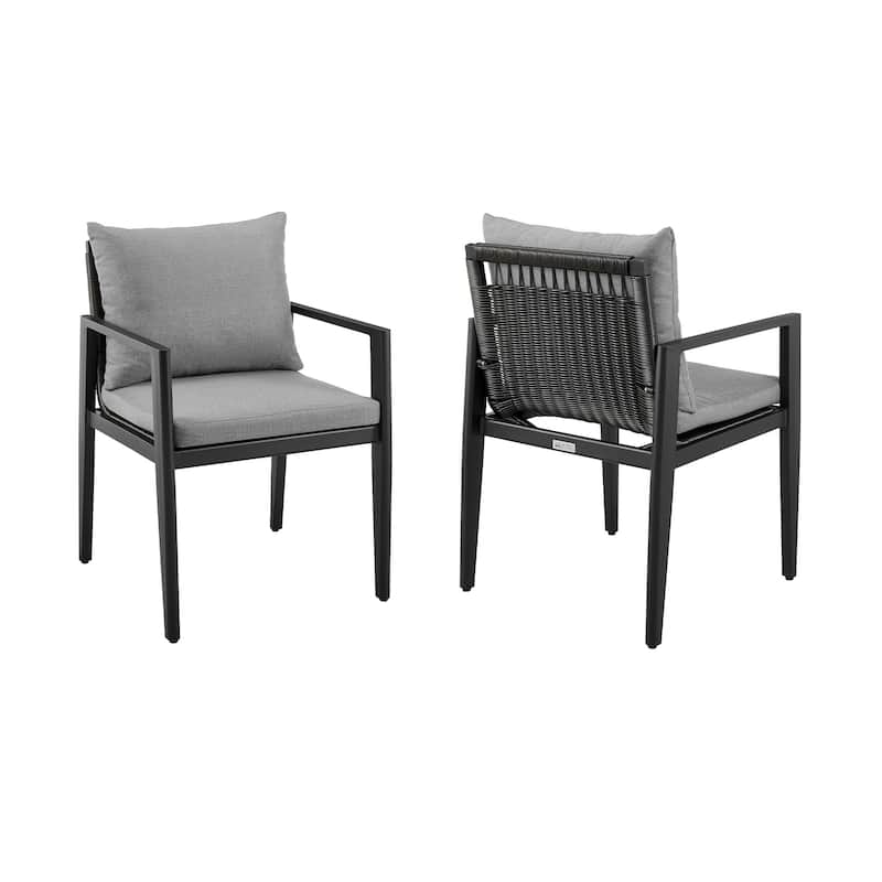 Cayman Outdoor Patio Dining Chairs with Arms in Aluminum with Grey Cushions - Set of 2