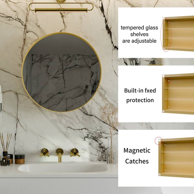 23.6 Inch Surface Mount Round Medicine Cabinet with Mirror and Adjustable Shelves Black Wall Mirror with Storage for Bathroom