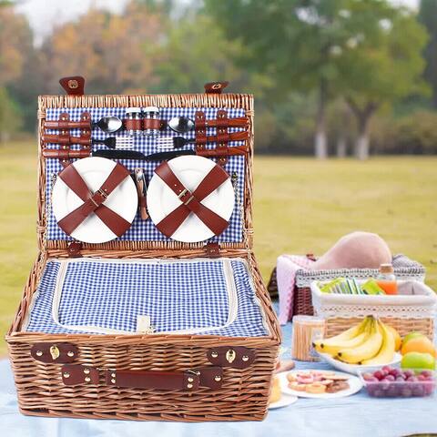 Wicker Picnic Basket Set for 4 Waterproof with Portable Handle - 18.11*12.99*7.87inches