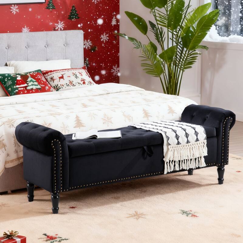 67" Velvet Tufted Storage Bench for Bedroom End of Bed with Roll Arms