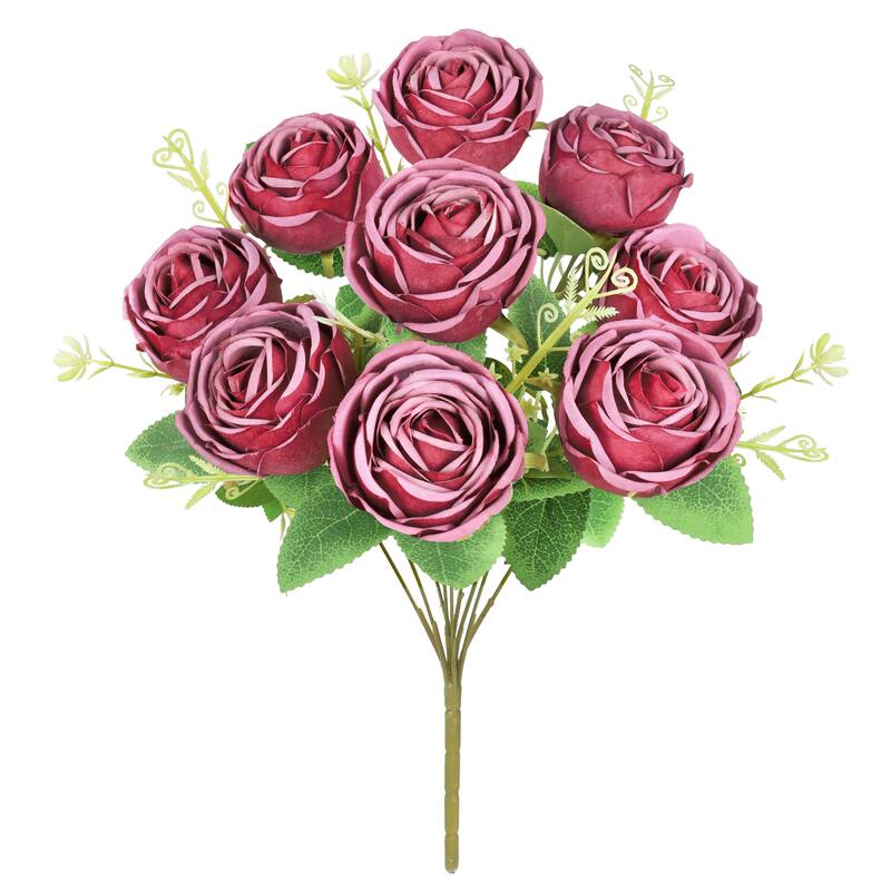 Set of 2 Dusty Burgundy Artificial Vintage Cabbage Rose Flower Stem Bush Bouquet 17in - 17" L x 10" W x 10" DP - Dusty Burgundy - 17" L x 10" W x 10" DP
