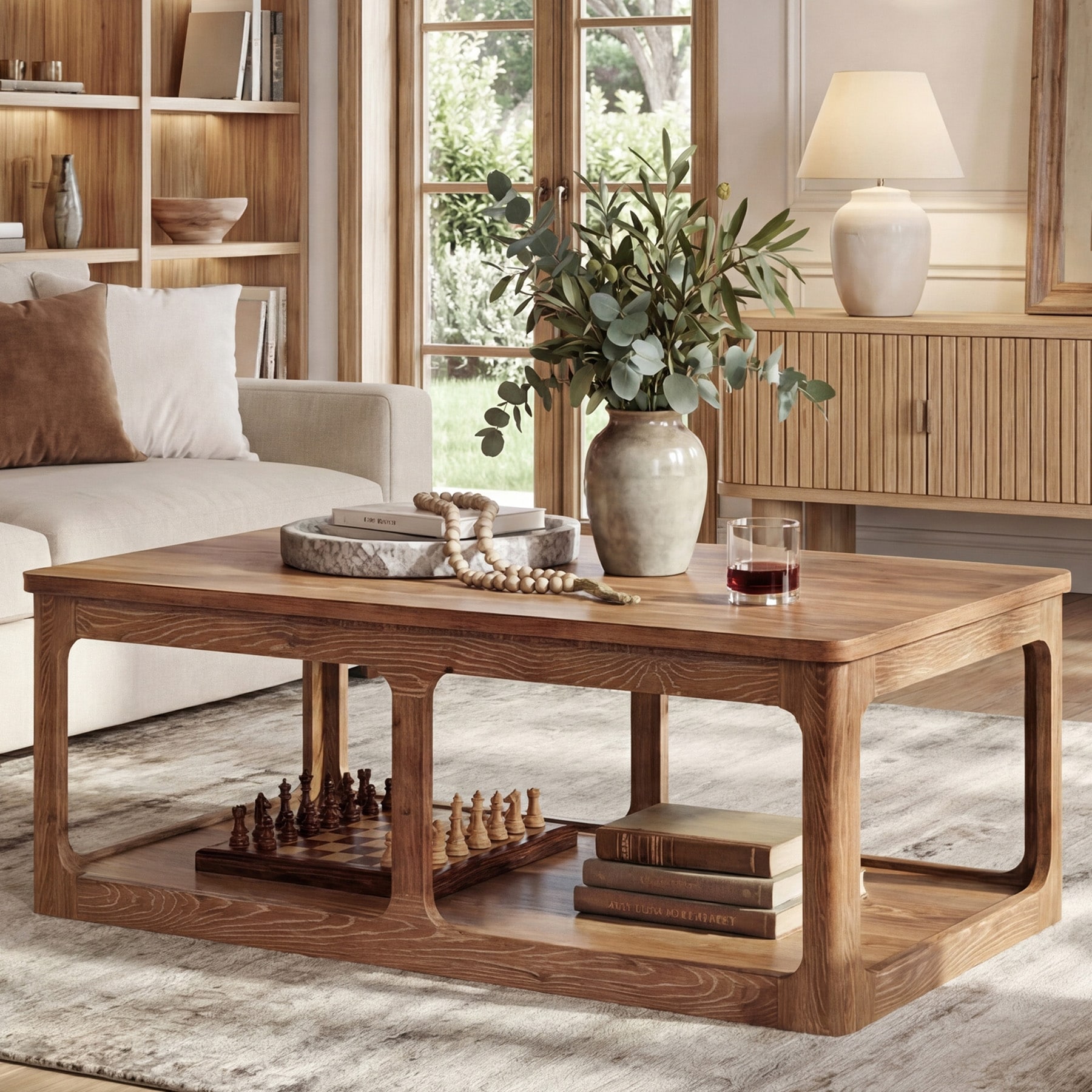 Rectangle Solid Wood Coffee Table With Storage For Living Room