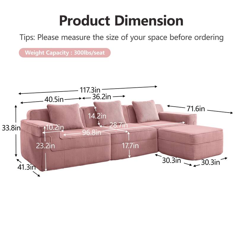 GDFStudio - Corduroy Modular 3-Seater 117.3" L-Shaped Boneless Cloud Sofa