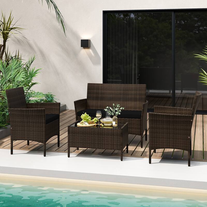 Gymax 4 Piece Patio Rattan Conversation Set Outdoor Wicker Furniture