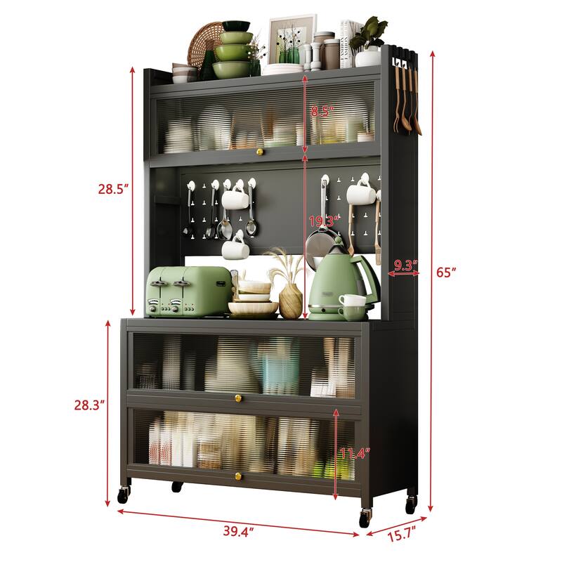 65'' Tall Kitchen Bakers Rack with Flip Door Cabinet, 5 Tier Microwave Stand Coffee Bar with Pegboard Hooks