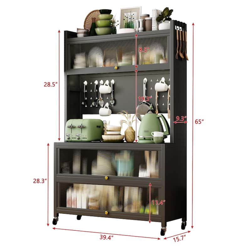 Kitchen Metal Storage Cabinets with Transparent Flip Door & 4 Rolling Wheels, Microwave Stand with 4 Tier Bakers Rack