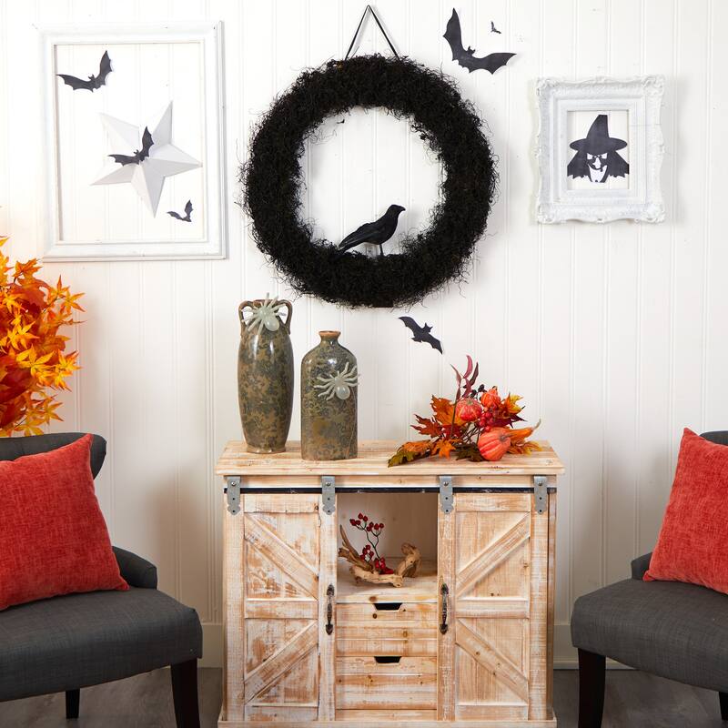 Black Raven Artificial Halloween Twig Wreath, 30-Inch, Unlit