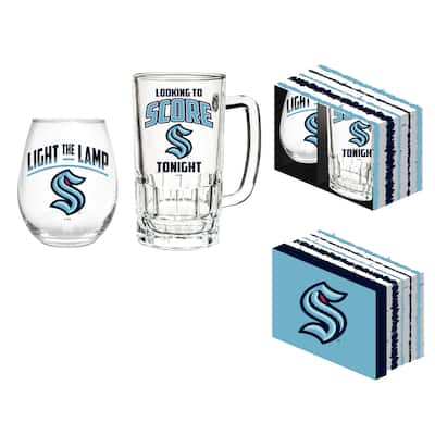 Stemless 17 oz Stemless Wine Glass and 16 oz Beer Mug Gift Set, Seattle Kraken