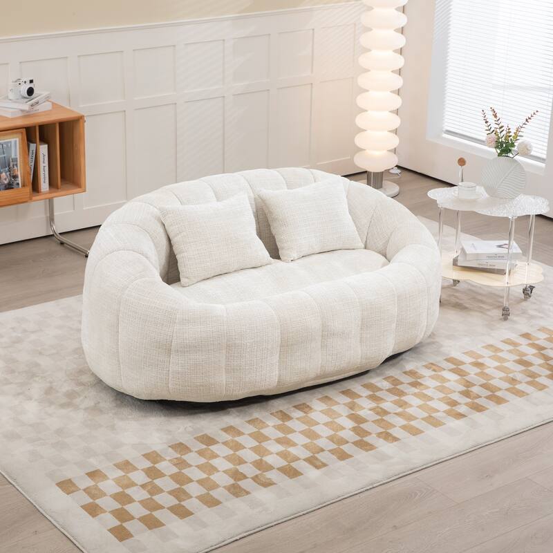 Chenille Giant Bean Bag Chair, High-Density Foam Lazy Sofa Chair, Round Bean Bag Sofa with 2 Pillows & Curved Armrests