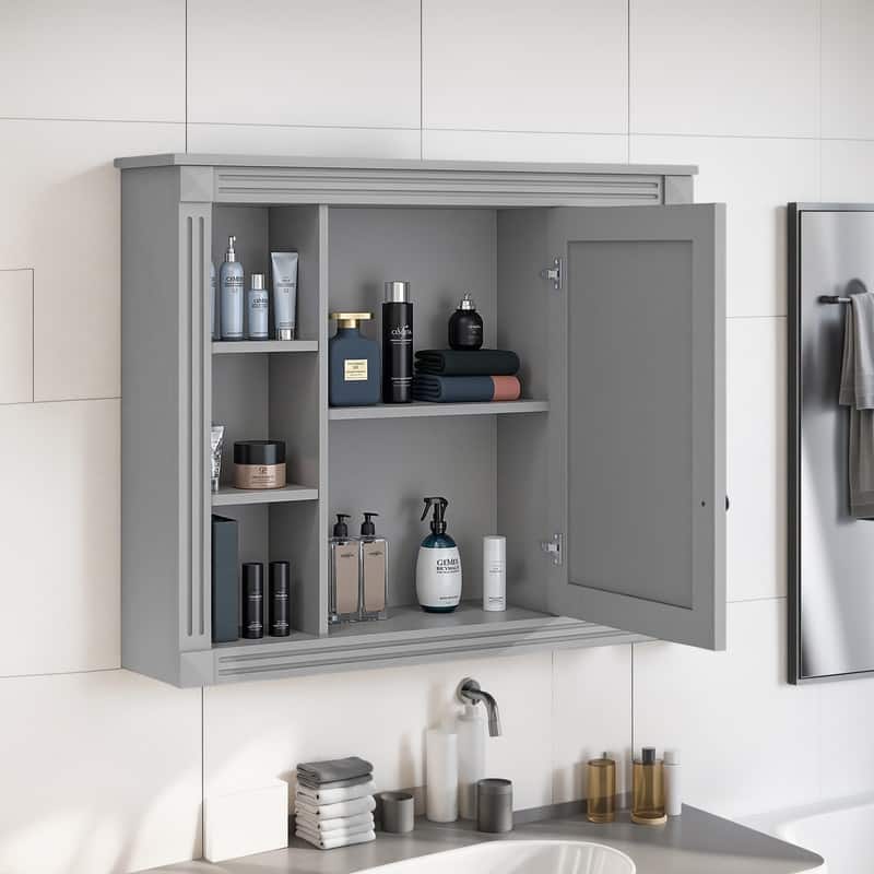 35" x 28" Wall-Mounted Medicine Cabinet, Modern Bathroom Mirror Storage Cabinet with 6 Open Shelves